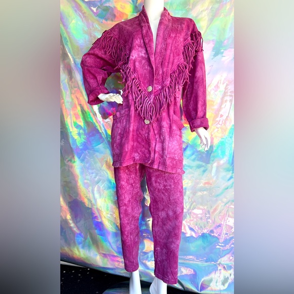 Vintage Pink Tie Dye Fringe Blazer Jacket Pant Set - Picture 1 of 14